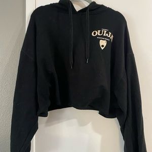 Black cropped, balloon sleeve sweatshirt with Ouija design